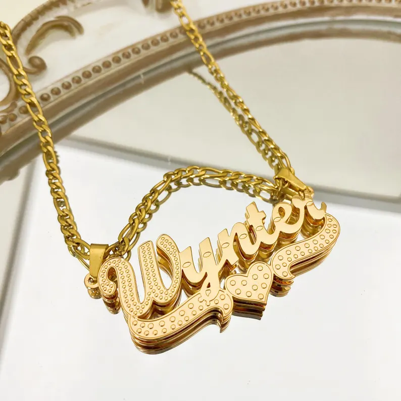 Double Plate Name Necklace Personalized Custom Name Necklace with Heart