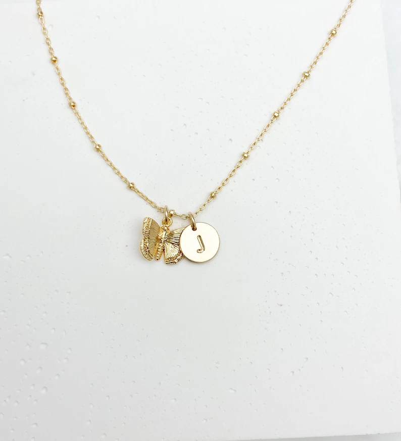 Gold Plated Initial Pendant and Butterfly Pendant Necklace
