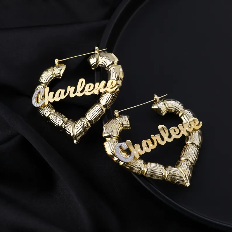 Heart Shaped Bamboo Earrings Personalized Custom Two Tone Name Earrings