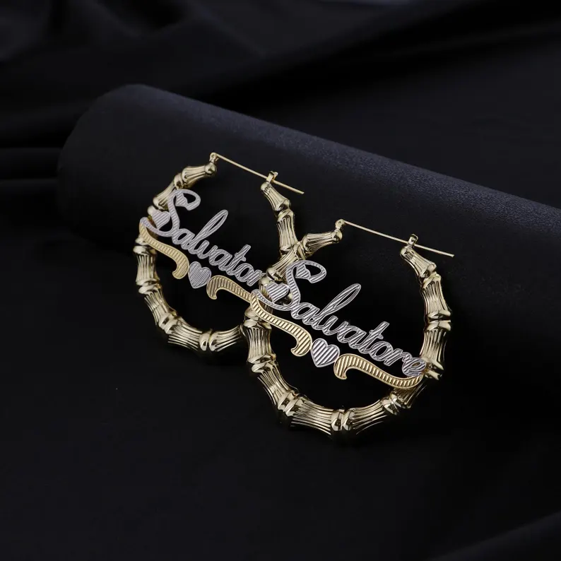 [Copy]Heart Shaped Bamboo Earrings Personalized Custom Two Tone Name Earrings