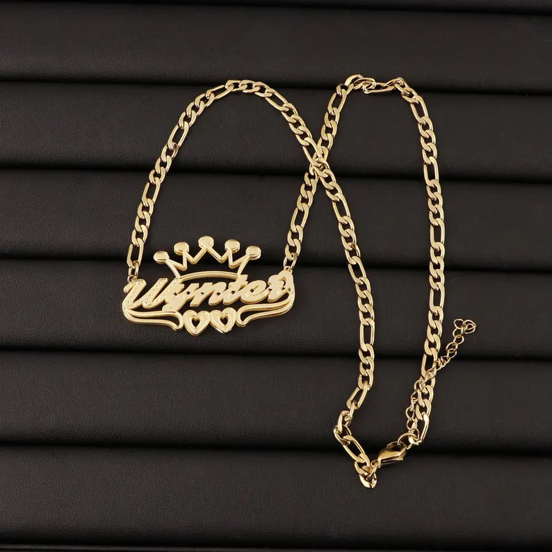 Double Layer Double Heart Crown Nameplate Necklace Personalized Gold Plated Name Necklace