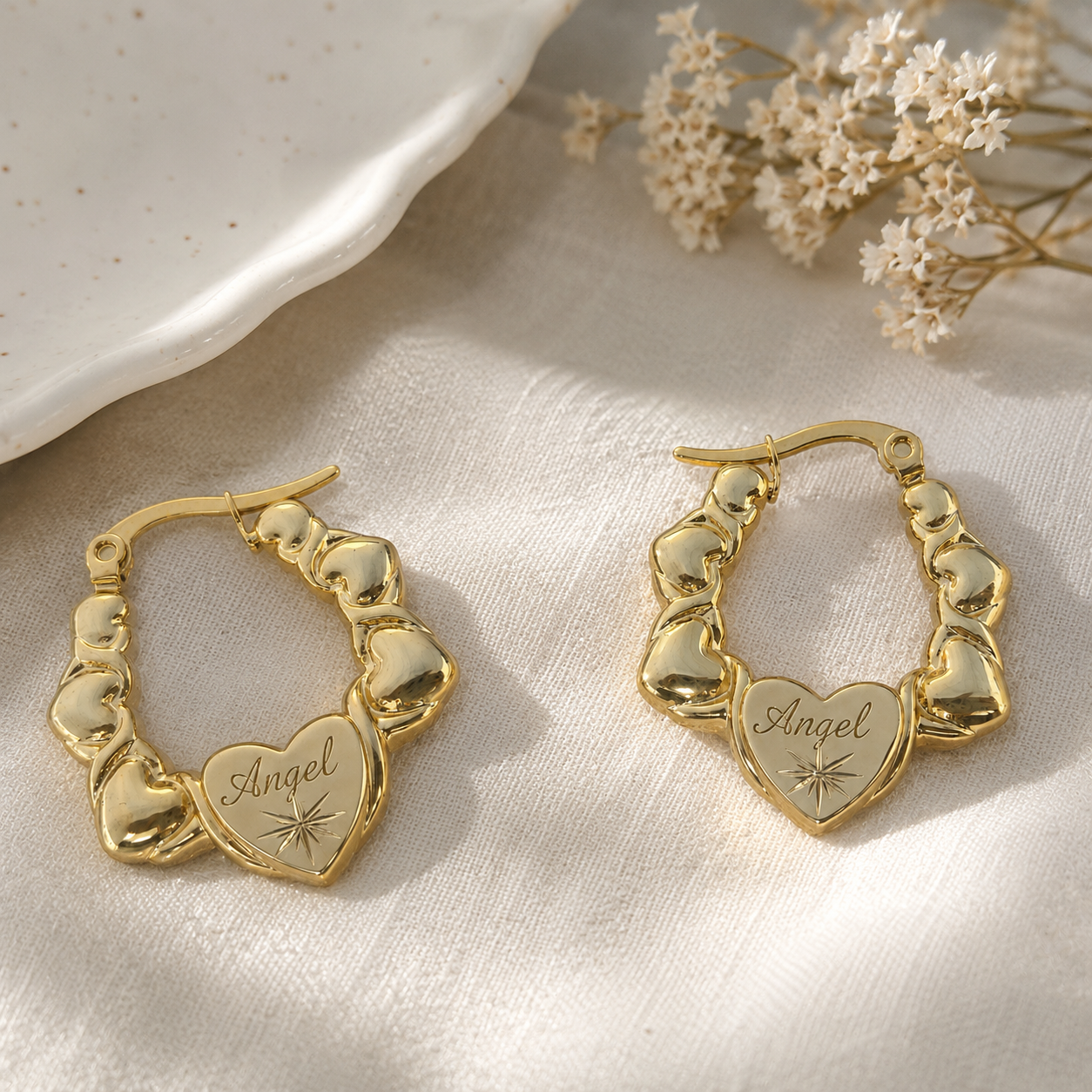 Personalized Love Hearts Engraved Name Earrings Custom Hoop Earrings XO
