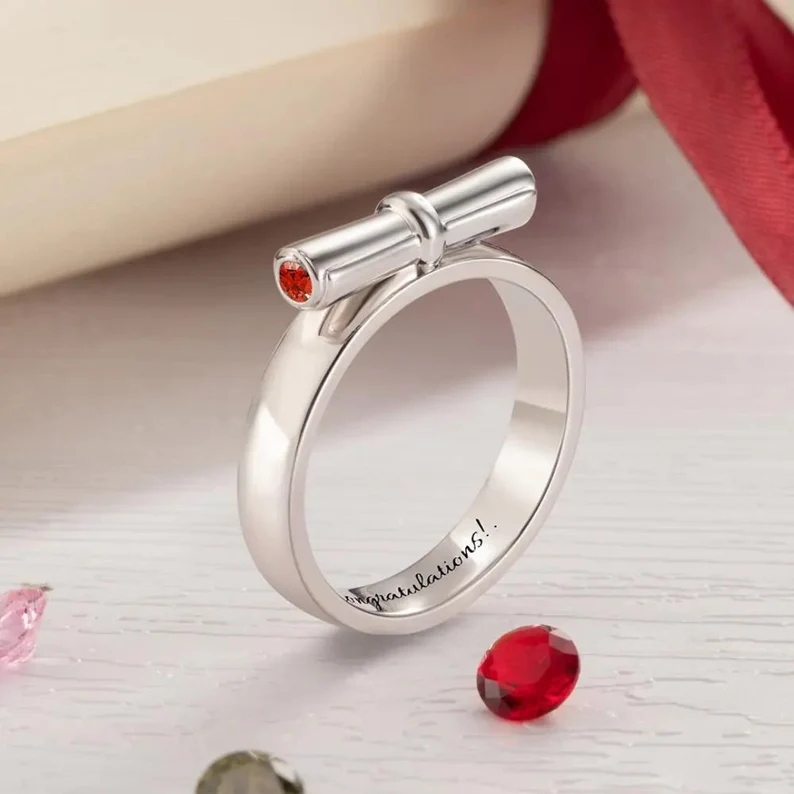 Personalized Graduation Ring Custom Diploma Scroll Birthstone Name Ring
