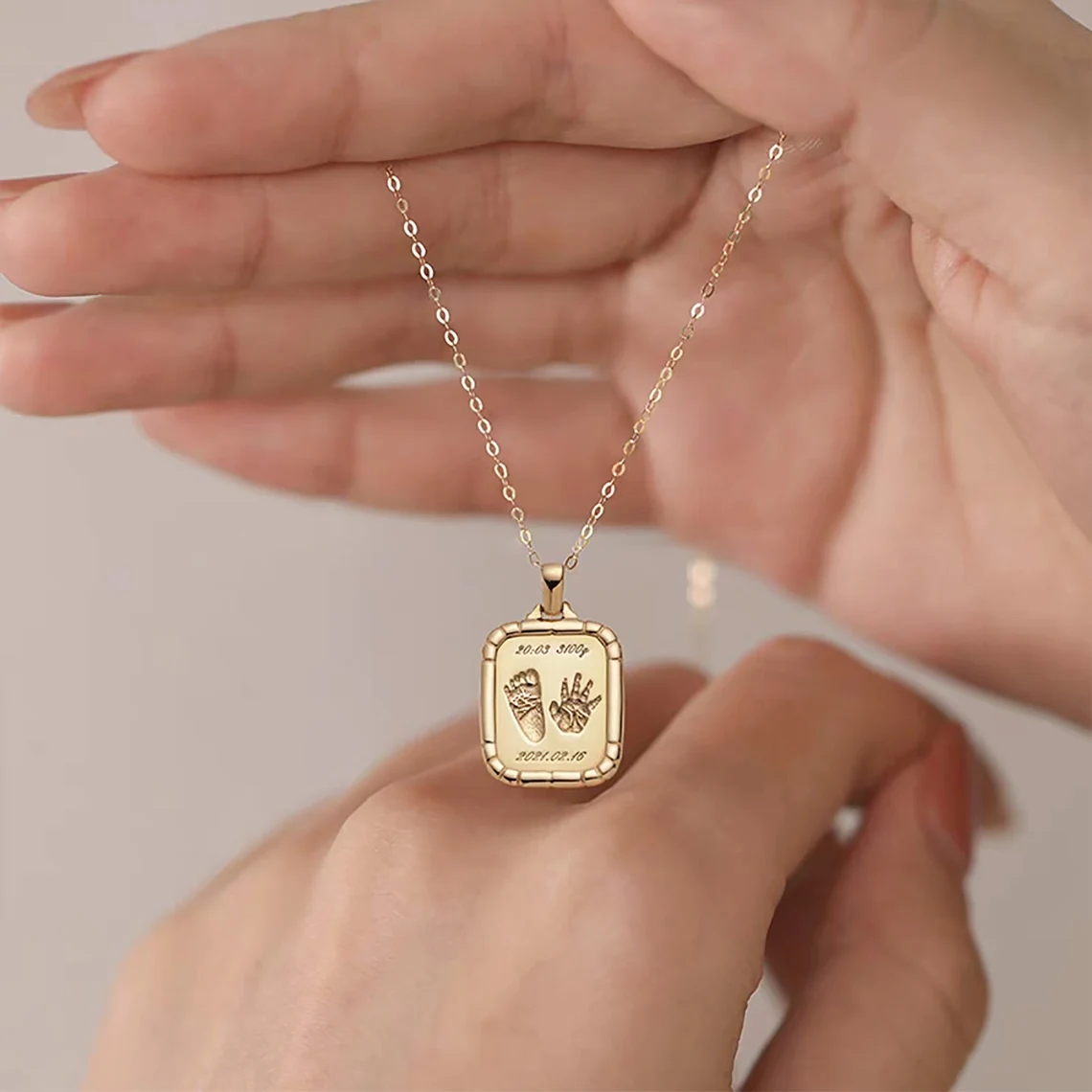 Baby Footprint and Handprint Personalized Engraved Necklace With Birthstone