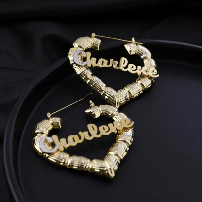 Heart Shaped Bamboo Earrings Personalized Custom Two Tone Name Earrings