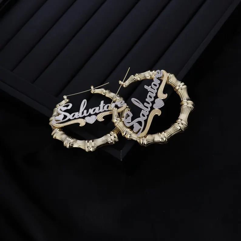 [Copy]Heart Shaped Bamboo Earrings Personalized Custom Two Tone Name Earrings