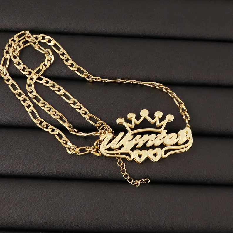 Double Layer Double Heart Crown Nameplate Necklace Personalized Gold Plated Name Necklace