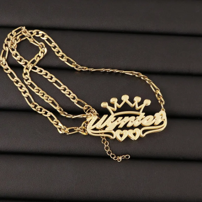Double Layer Double Heart Crown Nameplate Necklace Personalized Gold Plated Name Necklace