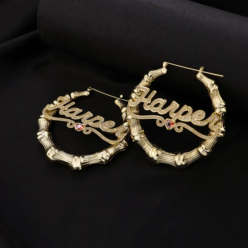 Personalized Birthstone Bamboo Earrings Custom Name Earrings with Heart