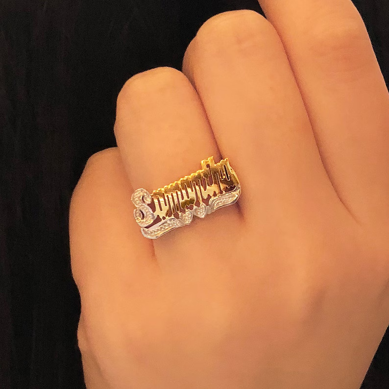 Two Tone Double Hearts Name Ring Personalized Custom Name Ring