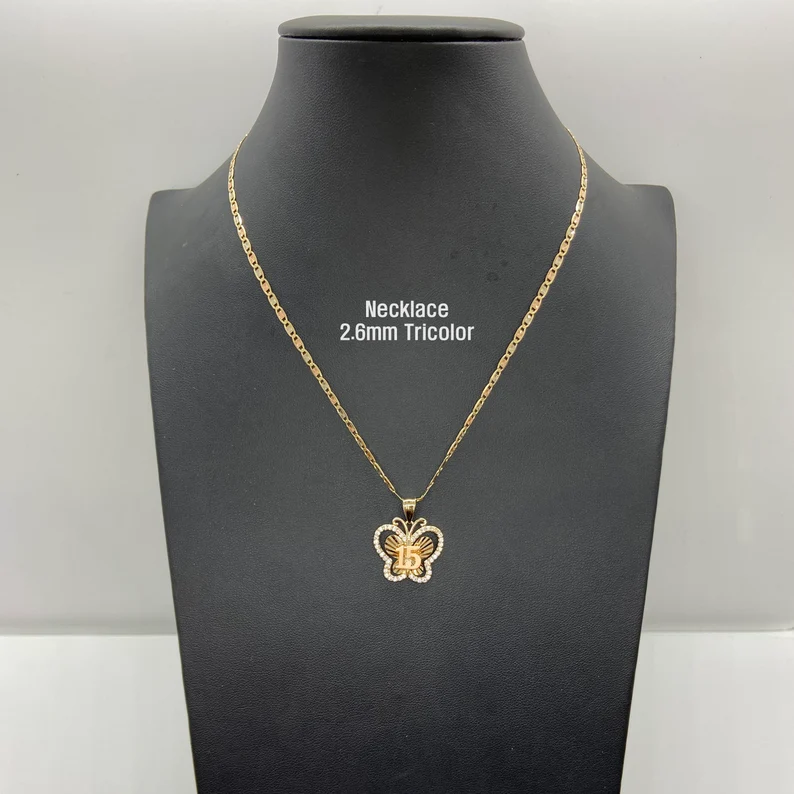 Shiny CZ Butterfly Necklace Number Necklace with Tricolor Chain
