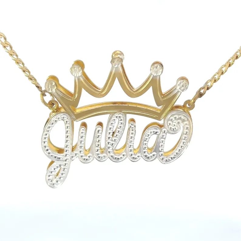 Shiny Crown Nameplate Pendant Two Tone Double Layer Custom Name Necklace