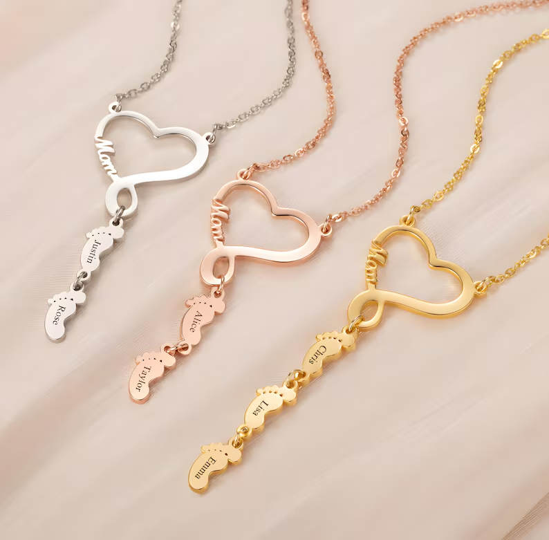 1-5 Baby Footprint Nameplate Custom Heart Mom Necklace