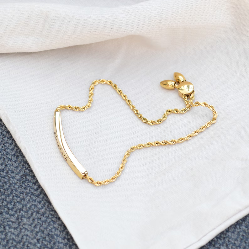 Personalised Name Bar Bracelet with Adjustable Rope Chain
