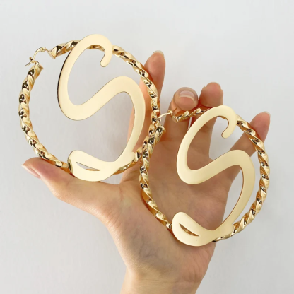 Gold Plated Big Initial Twist Hoop Earrings Personalized Earrings