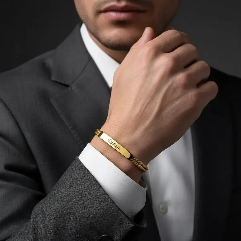 Personalized Cable Bracelet Engraved Minimalist Cuff Name Bracelet