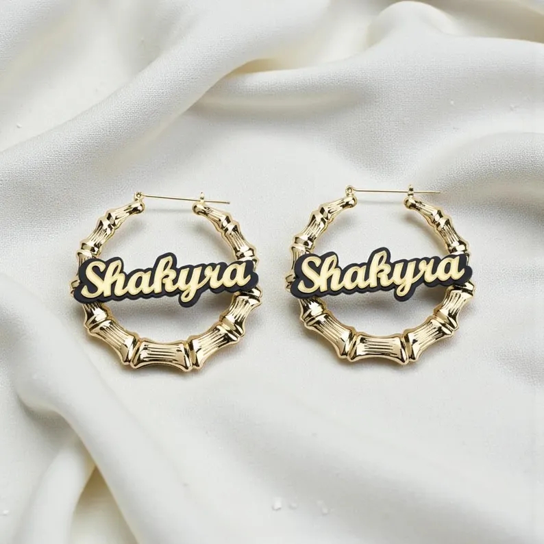 Acrylic Black Gold Plated Nameplate Personalized Custom Bamboo Earrings
