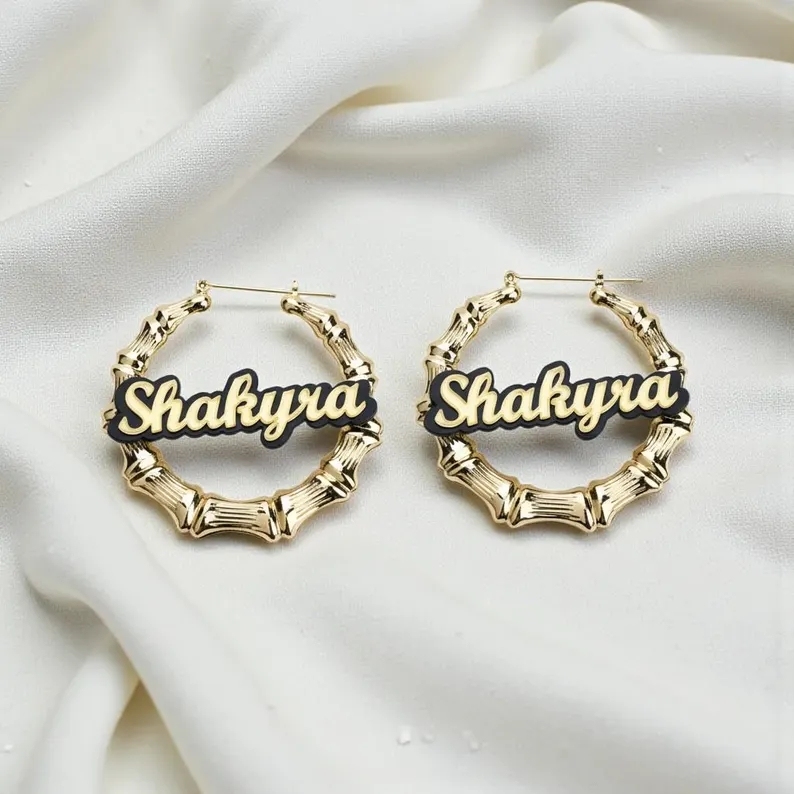 Acrylic Black Gold Plated Nameplate Personalized Custom Bamboo Earrings