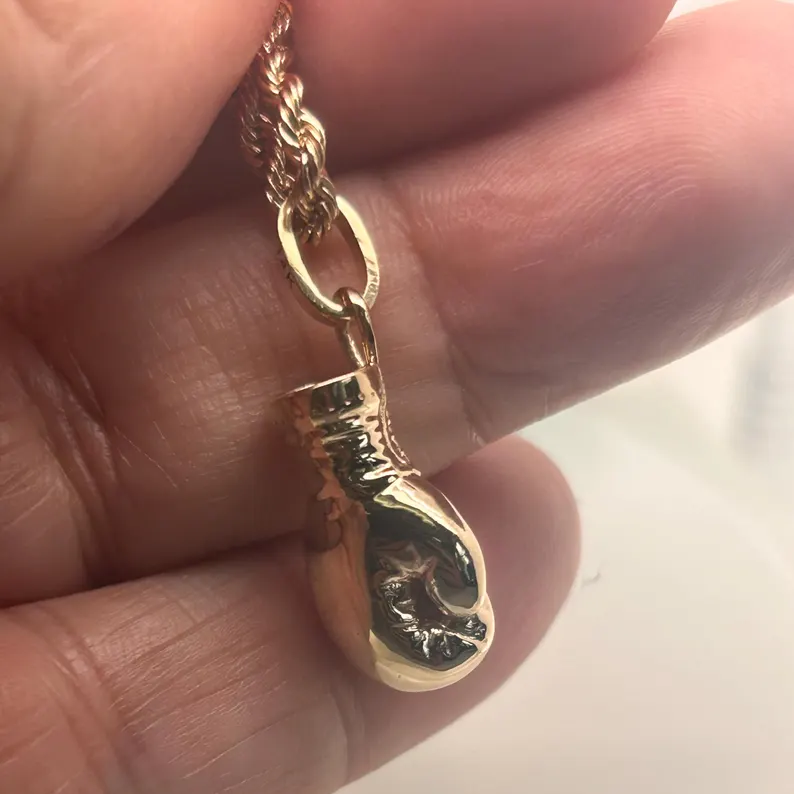Gold Plated Boxing Glove Pendant Necklace with Rope Chain Sports Jewelry