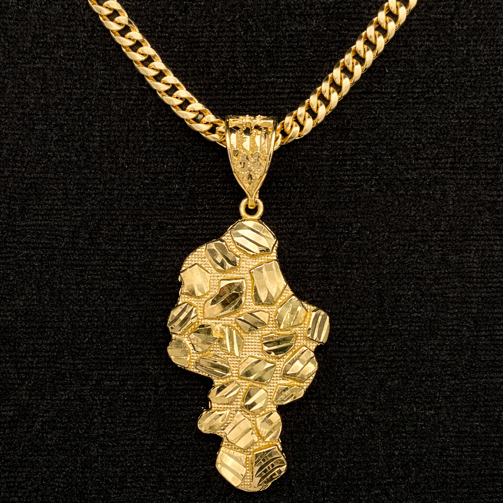 Gold Plated Nugget Pendant Necklace Cuban Chain