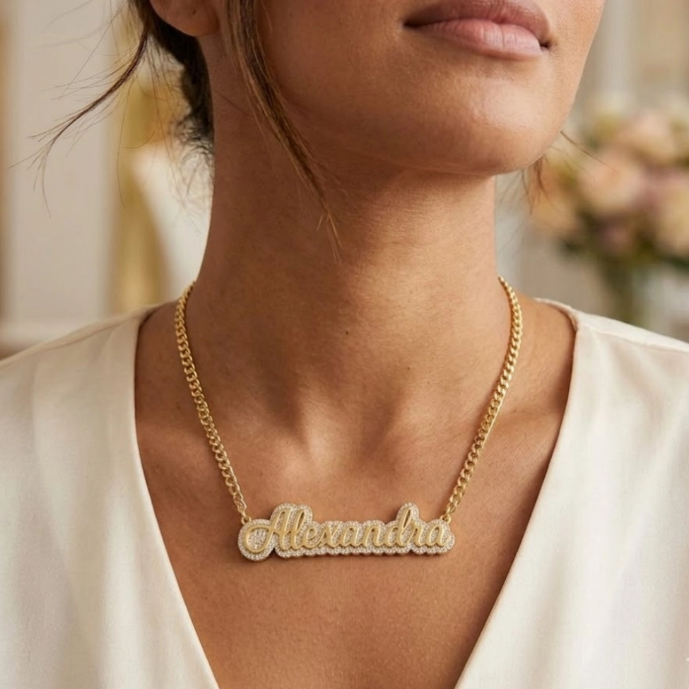 Gold Plated Sparkling Zircon Name Necklace Diamond Custom Necklace