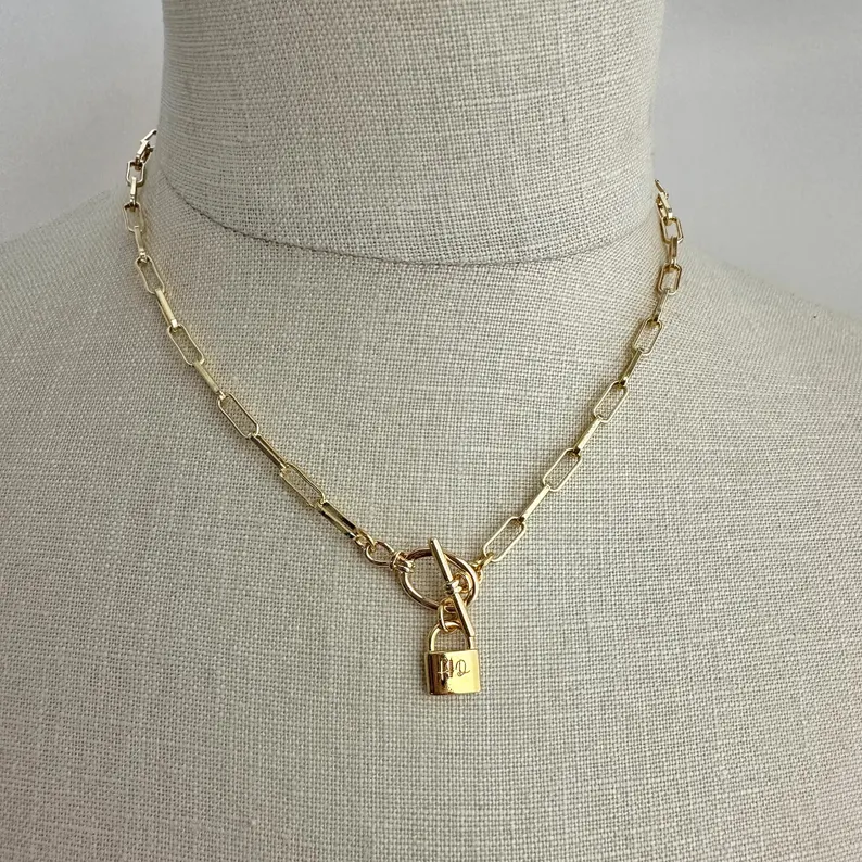 Chunky Personalized Engraved Initial  Padlock Pendant Necklace Custom Name Necklace
