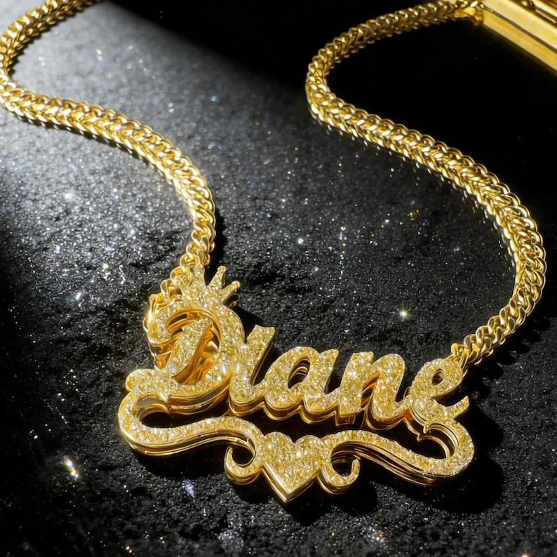Shiny Bling Crown Nameplate Personalized Custom Double Plated Name Necklace with Heart