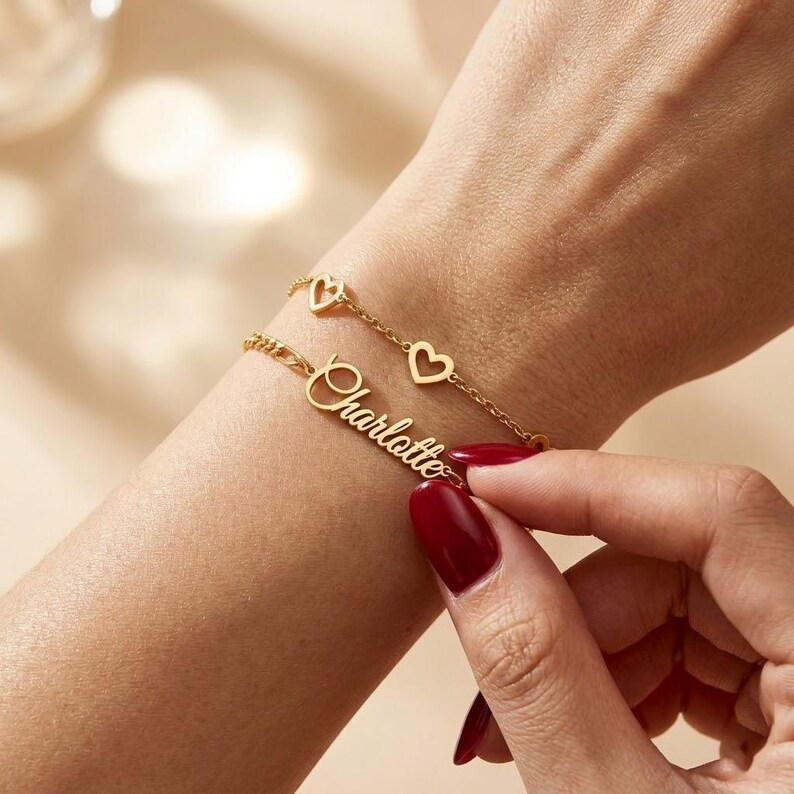 Custom Double Layer Name Bracelet with Hearts Gold Plated Bracelet