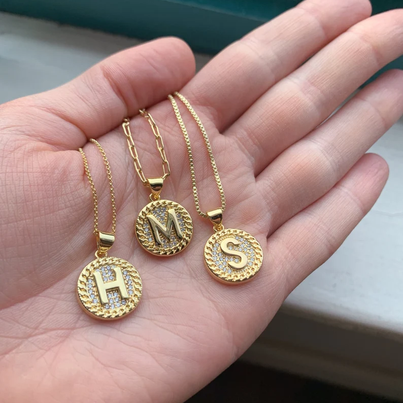Custom Initial Letter Pendant Necklace Gold Plated Round Initial Necklace with Diamond