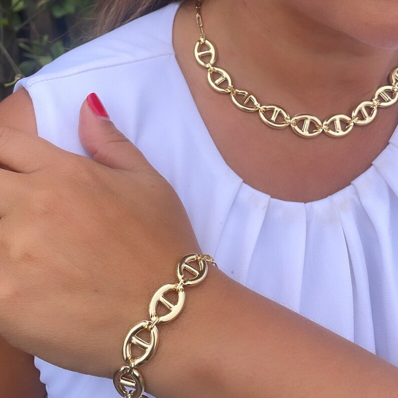 Puffy Mariner Link Chain Set Necklace and Bracelet