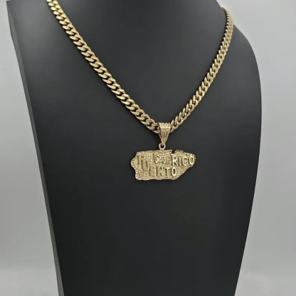 Gold Plated Puerto Rico Pendant Necklace Cuban Link Chain Necklace