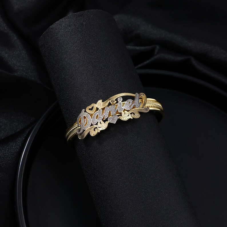 Two Tone Nameplate Bangle Personalized Custom Gold Plated Name Bracelet