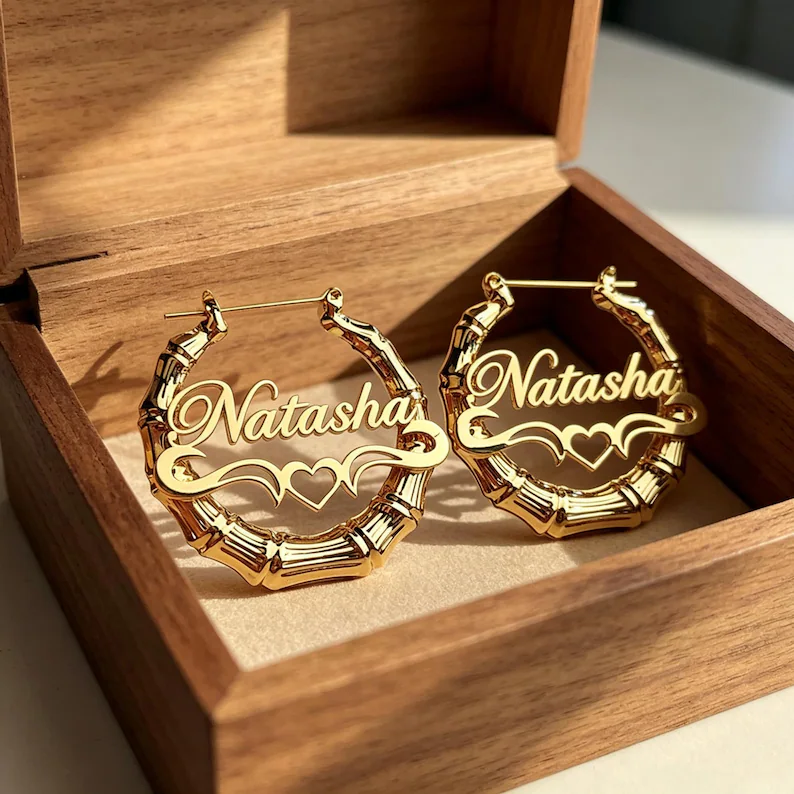 Bamboo Earrings Personalized Custom Gold Plated Name Earrings with Heart