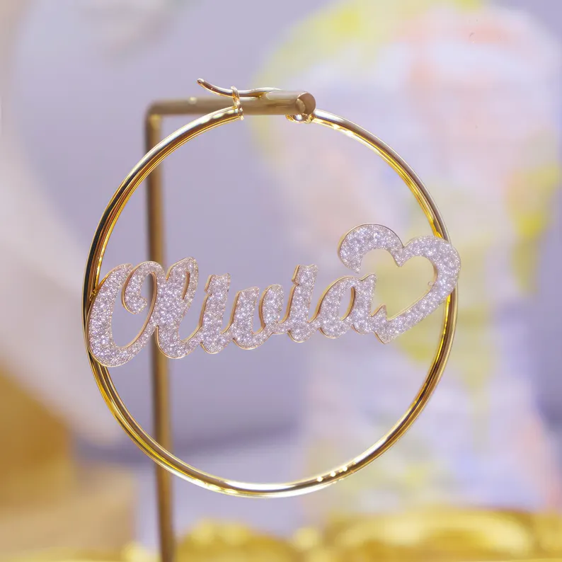 Shiny Name Hoop Earrings Personalized Gold Plated Name Earrings with Heart