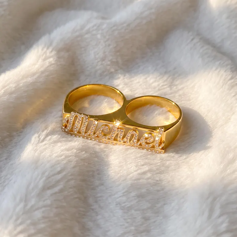 Bling Two Fingers Name Ring Personalized Gold Plated Name Ring