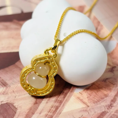 Gold Plated Gourd Pendant Vintage White Jade Pendant Necklace