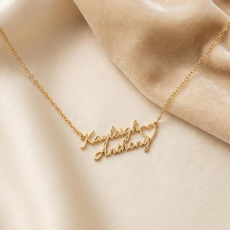 Two Name Heart Nameplate Necklace Personalized Gold Plated Name Necklace