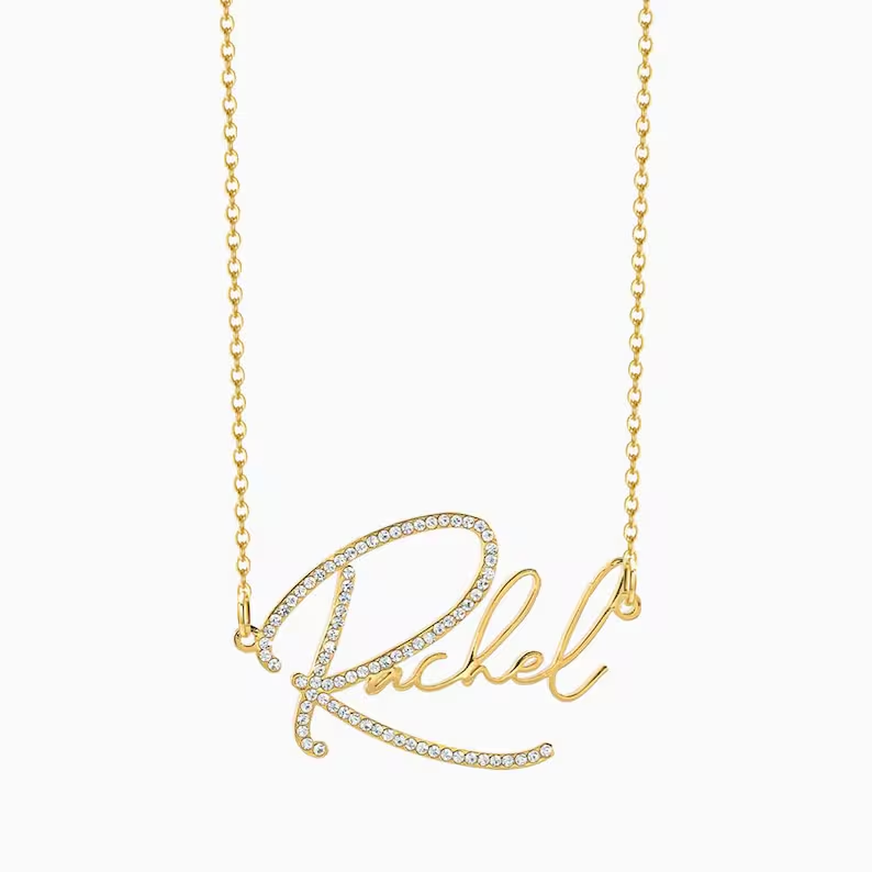 Sparkling Big Initial Letter Nameplate Necklace Personalized Gold Plated Name Necklace