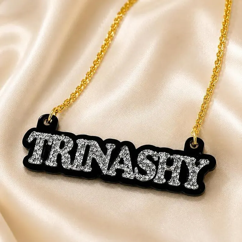 Peronalized Acrylic Black Nameplate Set Name Necklace Bracelet And Hoop Earrings
