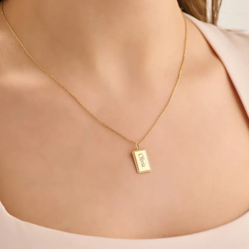 Personalized Rectangle Nameplate Pendant Necklace Gold Plated Engraved Name Necklace