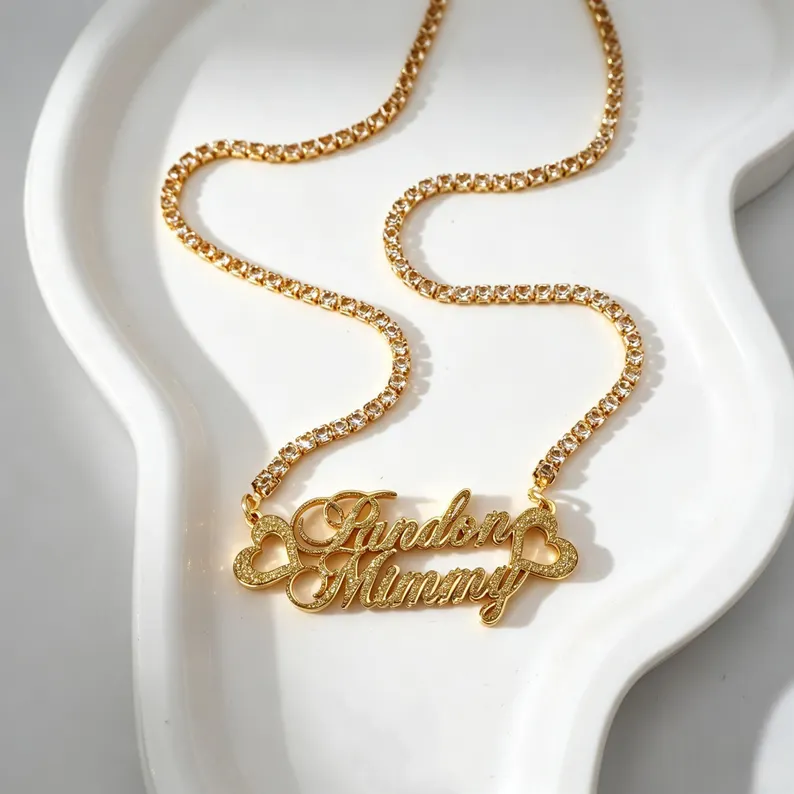Shiny Bling Two Names Heart Nameplate Necklace Personalized Name Necklace with Tennis Chain