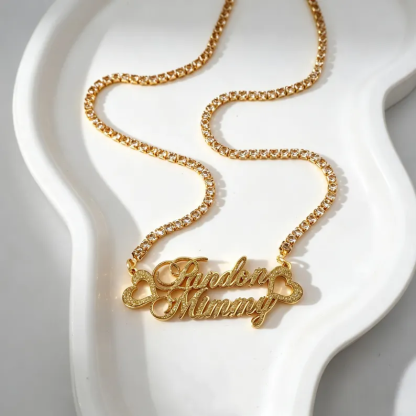 Shiny Bling Two Names Heart Nameplate Necklace Personalized Name Necklace with Tennis Chain
