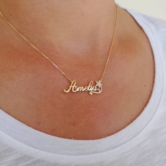 Personalized Name Neckalce Gold Plated Necklace with Diamond Flower