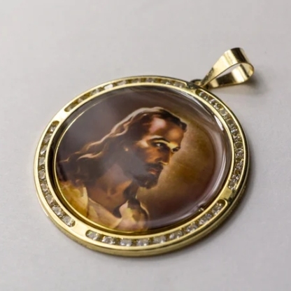 Circular Custom CZ Photo Pendant Necklace with Rope Chain