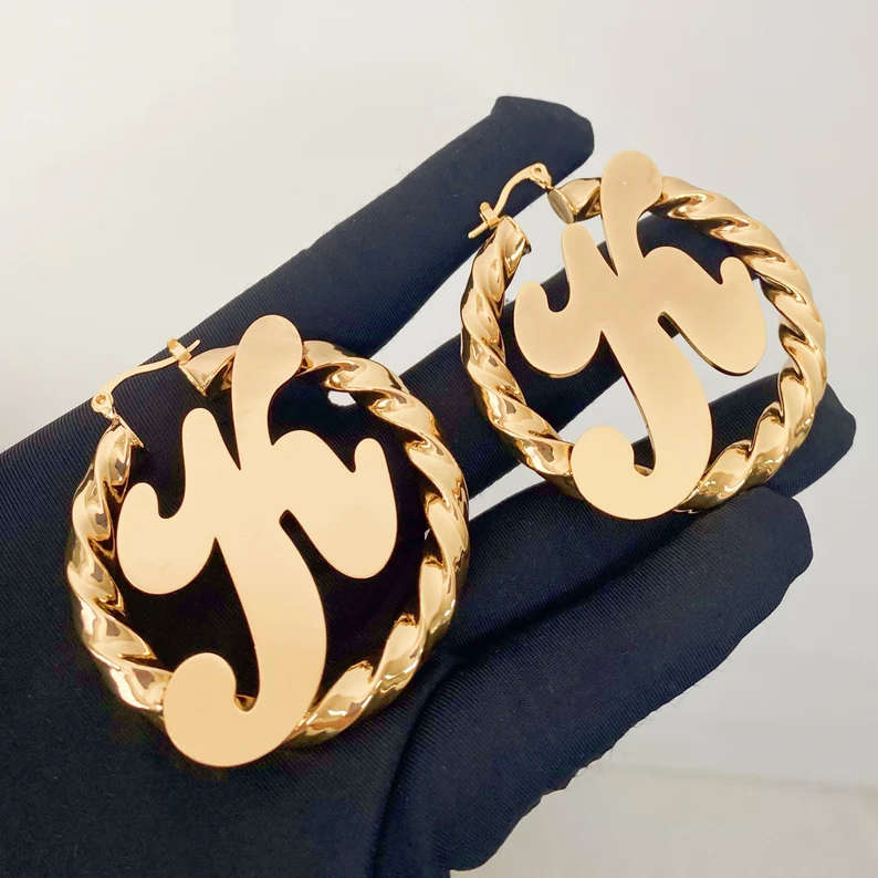 Gold Plated Initial Letter Earrings Personalized Twist Hoop Earrings