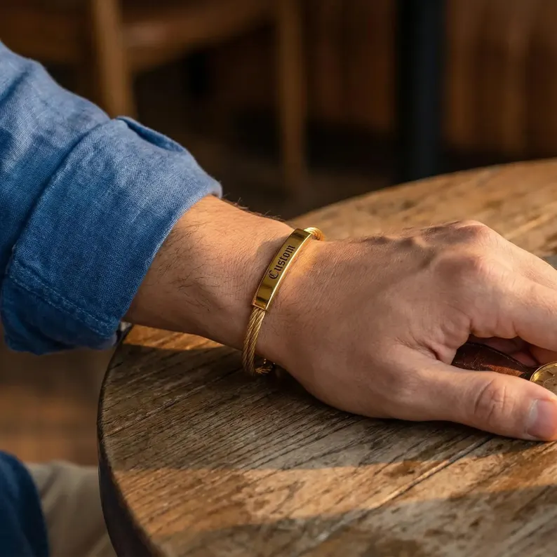 Personalized Cable Bracelet Engraved Minimalist Cuff Name Bracelet