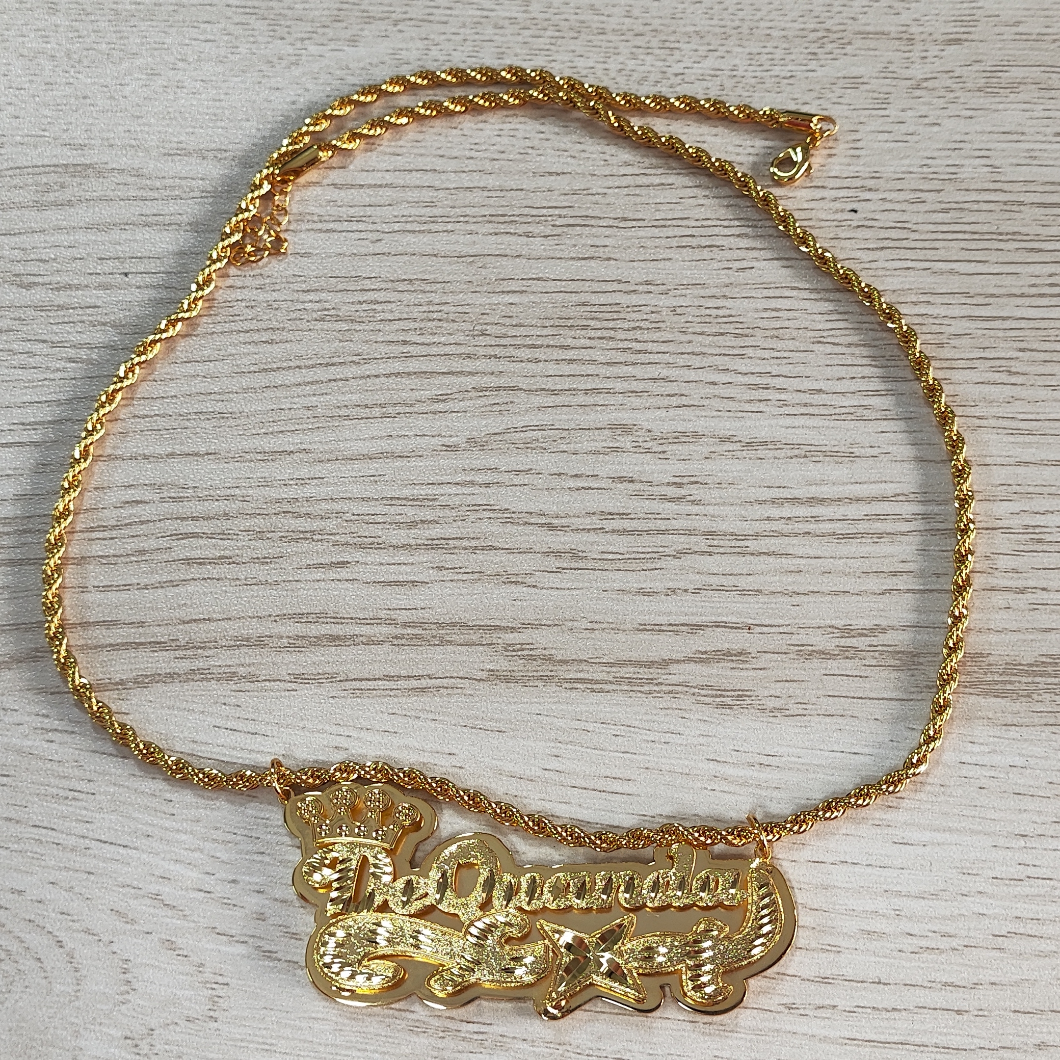 Gold Plated Crown Diamond Cut Doule Layer Custom Name Necklace