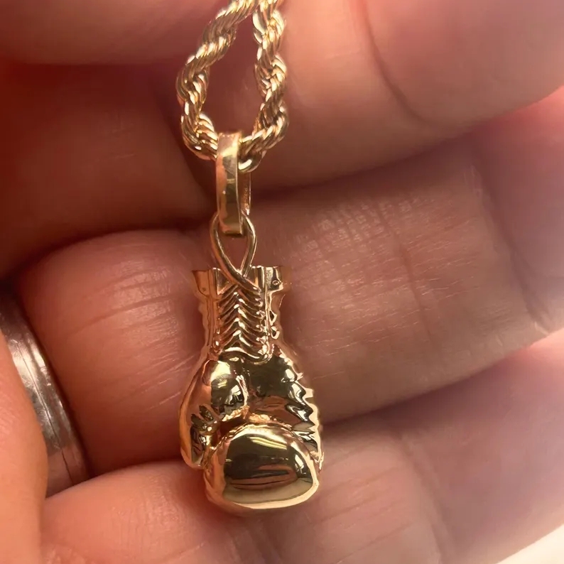 Gold Plated Boxing Glove Pendant Necklace with Rope Chain Sports Jewelry