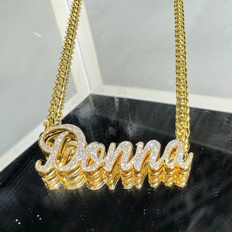 Personalized Bling Double Plate Necklace Shiny Name Necklace