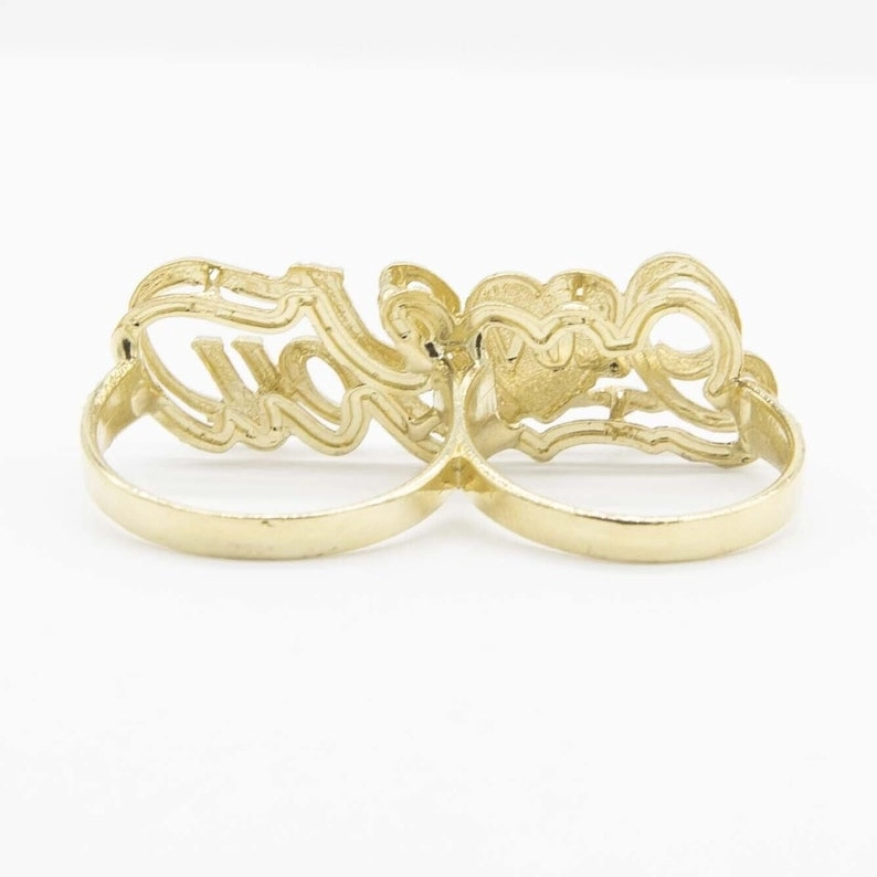 I Love You Script Textured Heart Photo Ring Personalized Two Finger Ring